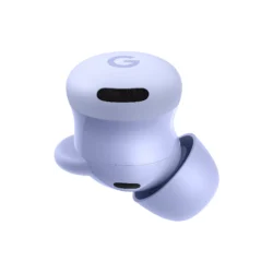 Boîtier de recharge des Google Pixel Buds 2a ouvert, montrant les écouteurs en Iris (mauve).