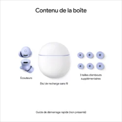 Détail du design et de la couleur Iris (mauve) des écouteurs Google Pixel Buds 2a.
