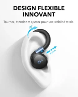 Gros plan sur l'écouteur Soundcore Sport X20 en utilisation, avec le boîtier de recharge.