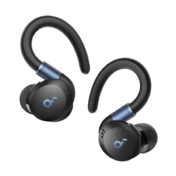 Écouteurs Soundcore Sport X20 noirs de profil, montrant le crochet d'oreille réglable et le design sportif.
