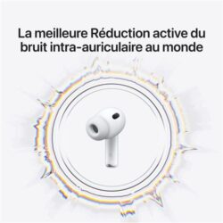 Apple-AirPods-Pro-3-Blanc (2) Vue de côté d'un écouteur AirPods Pro 3, soulignant le capteur de fréquence cardiaque optique.