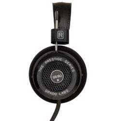 Détail du câble tressé et du transducteur du Grado SR80x, mettant en évidence le design ouvert et rétro.