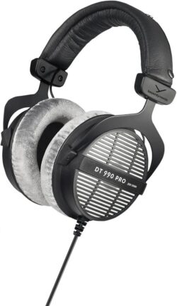Casque Beyerdynamic DT 990 PRO Noir et Gris, vue de face, montrant l'arceau et les larges coussinets en velours.