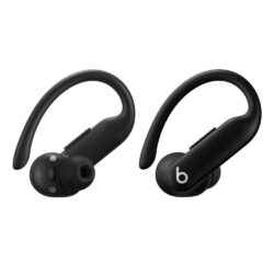 Ecouteurs-intra-auriculaires-sans-fil-Beats-Powerbeats-Pro2-Bluetooth-avec-reduction-active-du-bruit-Noir-Obsidienne Écouteurs Beats Powerbeats Pro 2 Noir Obsidienne avec crochets d'oreille sur son boîtier de charge ouvert.