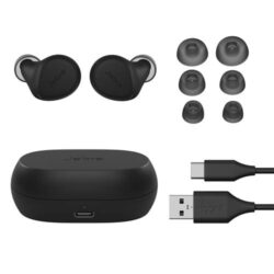 Ecouteurs-sans-fil-Jabra-Elite-7-Active-Bluetooth-sport-avec-reducteur-de-bruit-Noir (7) Vue latérale du boîtier de charge des Jabra Elite 7 Active avec le port USB-C.