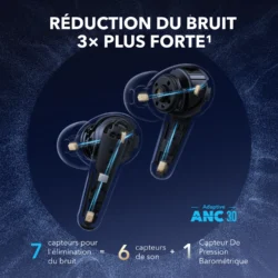 Group_427325264 Vue latérale des écouteurs Soundcore Liberty 4 Pro portés, soulignant la stabilité en mouvement et la forme bullet.