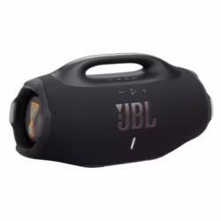 0199e6e4-d948-7c0b-a2bd-41687e454c8c Enceinte JBL Boombox 4 noire avec poignée en métal robuste et radiateurs passifs latéraux.