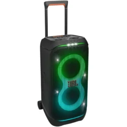 1212-jbl-partybox-stage-320-altavoz-torre-inalambrico-portatil-con-karaoke-240w-negro Vue de profil de la JBL PartyBox Stage 320 montrant sa conception robuste.