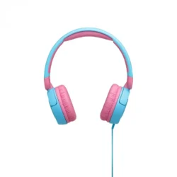 2590-jbl-jr310-auriculares-supraaurales-para-ninos-azul-rosa-comprar Gros plan sur les coussinets rembourrés et le bandeau ajustable du casque enfant JBL Jr310, soulignant le confort.
