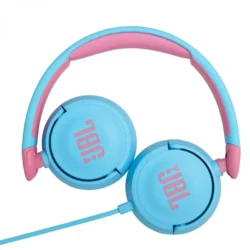 534-jbl-jr310-auriculares-supraaurales-para-ninos-azul-rosa-caracteristicas Gros plan sur la télécommande inline du casque JBL Jr310, montrant le microphone intégré et le bouton de contrôle.