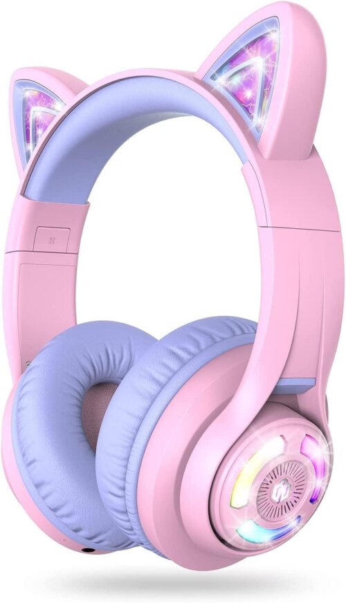Casque iClever BTH12 de couleur rose avec des oreilles de chat éclairées par des LEDs RGB, design pliable.