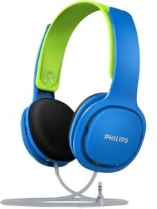 Casque Philips SHK2000 bleu et vert, design supra-auriculaire et pliable pour enfants.