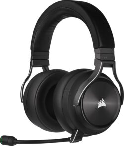 71BDyEkshES._AC_SL1500_ Casque Corsair Virtuoso RGB Wireless XT couleur ardoise (Slate), montrant le micro amovible et le rétroéclairage RGB discret sur l'oreillette.