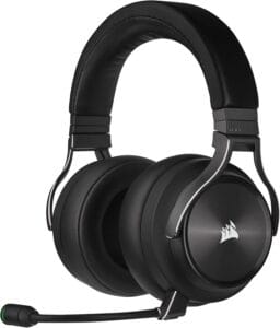 Casque Corsair Virtuoso RGB Wireless XT couleur ardoise (Slate), montrant le micro amovible et le rétroéclairage RGB discret sur l'oreillette.