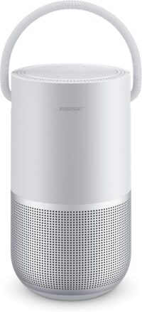 71J+LmoiUEL._AC_SL1500_ Enceinte Bose Portable Home Speaker argentée avec poignée de transport.