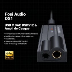 71ODx76+aML._SL1500_ Le DAC Fosi Audio DS1 connecté à un smartphone via USB-C, illustrant son usage nomade.
