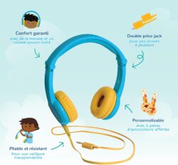 71PYnzLEONL._AC_SL1500_ Vue du casque Lunii Octave montrant sa légèreté (96g) et ses coussinets rembourrés pour un confort optimal chez l'enfant.