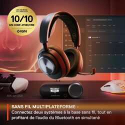 71w9OQSca0L._AC_SL1500_ Vue rapprochée du casque SteelSeries Arctis Nova Pro Wireless montrant la construction en métal et l'arceau suspendu pour le confort.