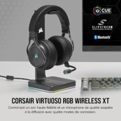 810Anl-XQaS._AC_SL1500_ Vue de profil du casque Corsair Virtuoso XT affichant l'arceau en aluminium et les coussinets en mousse à mémoire de forme.