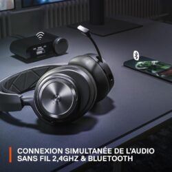 814aVk15-6L._AC_SL1500_ Vue d'ensemble du SteelSeries Arctis Nova Pro Wireless montrant l'arceau métallique et la bande de suspension ajustable.
