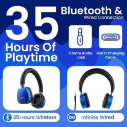 81Jg85HM3xL._AC_SL1500_ Le casque PuroQuiet Plus en mode Bluetooth avec le câble daisy-chain, soulignant la fonction de partage audio.