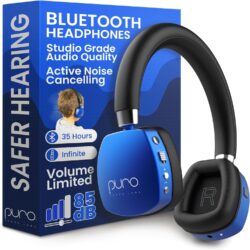 81JgRwAEiML._AC_SL1500_ Casque Puro Sound Labs PuroQuiet Plus gris et bleu avec logo de la marque, illustrant le design supra-auriculaire. ANC actif.