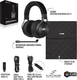 81fvLaHca1S._AC_SL1500_ L'arceau du casque Corsair Virtuoso RGB Wireless XT, montrant la construction solide en aluminium et la finition premium.