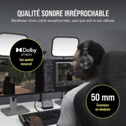 81mEEexjMLS._AC_SL1500_ Le casque Corsair Virtuoso RGB Wireless XT posé à côté de son dongle sans fil 2.4 GHz et de son câble de recharge USB.