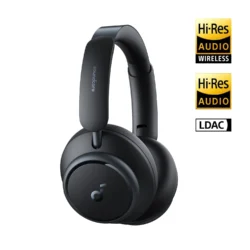 A3040_48d076ca-7584-4364-b2c5-e612f62bf13b_3078x Casque Soundcore Space Q45 noir circum-auriculaire en vue latérale, mettant en évidence les coussinets et l'arceau ajustable.