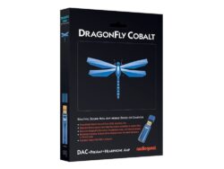Ensemble complet Audioquest DragonFly Cobalt, incluant l'adaptateur USB-C DragonTail et la pochette de transport.