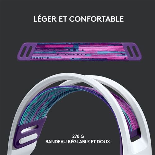 Détail de l'arceau suspendu et réglable du casque G733 montrant la sangle réversible et la légèreté de la construction.