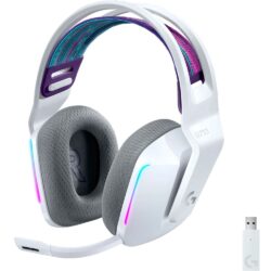 Casque Logitech G733 LIGHTSPEED sans fil blanc avec éclairage RGB actif, vue de face.