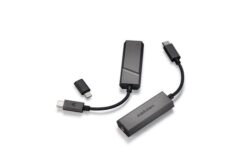 Convertieur-DAC-Astell-Kern-AK-HC2-Noir (2) Gros plan sur le boîtier en aluminium du Astell&Kern AK HC2, montrant le câble tressé en cuivre plaqué argent.
