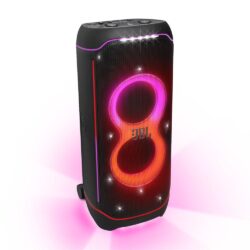 Enceinte-sono-DJ-JBL-Partybox-Ultimate-Noir Enceinte JBL PartyBox Ultimate noire avec son show de lumières LED activé.