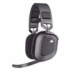 Casque Corsair HS80 RGB Wireless noir avec micro relevé, vue de profil.