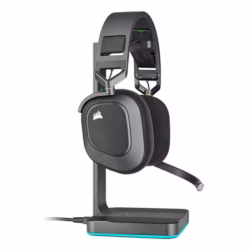 Casque HS80 sans fil noir posé sur un bureau, accentuant sa construction solide et son look mat.