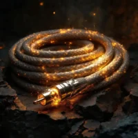 Les Torrents de Métal Noble : La Fusion de l'Argent et de la Soie Câble audiophile tressé - Pureté du cuivre et argent, catégorie "Câbles Audio", scène de forge romaine-tech, alchimie