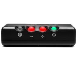 chord-mojo-dac-hd-batterie (3) Gros plan sur l'interface à quatre boules sphériques du Chord Mojo 2, indiquant le volume et l'état.