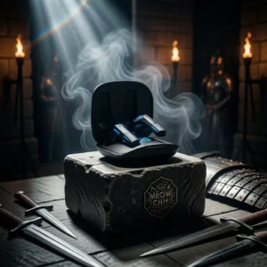 Écouteurs gaming ASUS ROG Cetra SpeedNova ANC avec dongle USB-C posés sur un socle en pierre antique dans un arsenal romain, illustrant la latence de 35ms et le son 24 bits.
