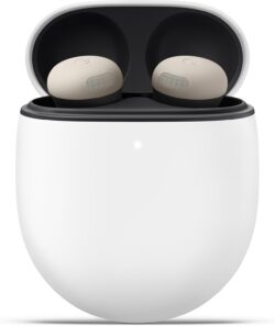 Google Pixel Buds Pro 2 vus de face montrant le design compact.