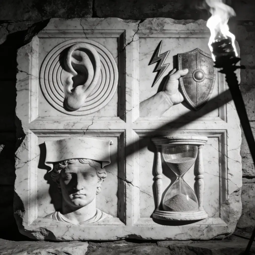 Quatre symboles sculptés : l'oreille (naturalité ), le bouclier (protection pics sonores ), le visage (retour vocal ), et le sablier (autonomie ).
