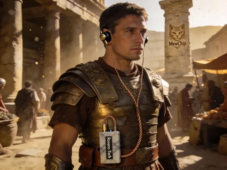 Éclaireur romain avec écouteurs audiophiles intra-auriculaires en or et obsidienne, test Top 10 écouteurs audiophiles débutants 2026, style romano-tech.