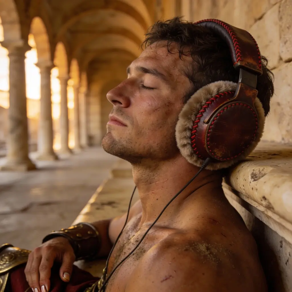 Gladiateur romain avec casque audio confortable en cuir, mousse à mémoire de forme, repos après l'arène.