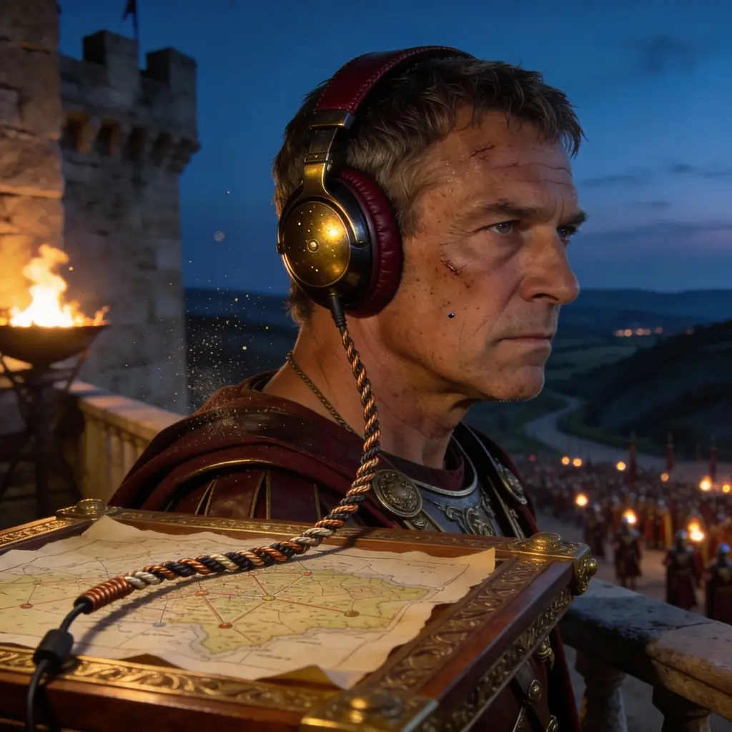 Légat romain analysant une carte, casque audio antique en bronze et cuir, clarté tactique et puissance sonore.