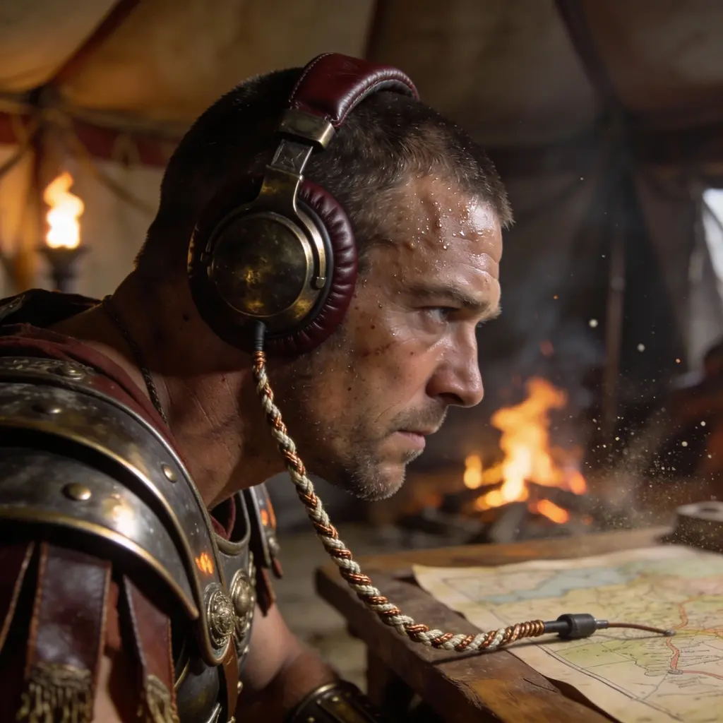 Centurion romain portant un casque audio en bronze, isolation sonore tactique, ambiance historique.