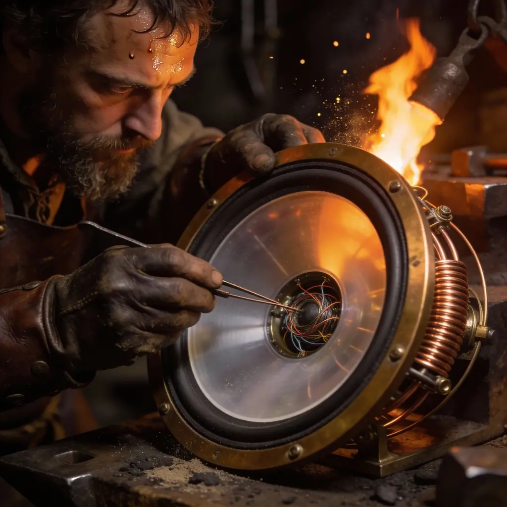 Artisan romain assemblant un driver d'écouteur haute-fidélité en bronze, technologie audiophile ancienne.