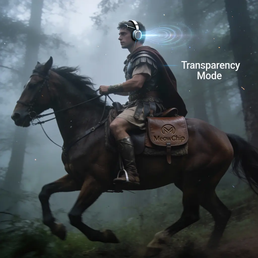 Messager romain avec écouteurs haute-performance - Mode transparence naturel - Style Romano-Tech MeowChip.