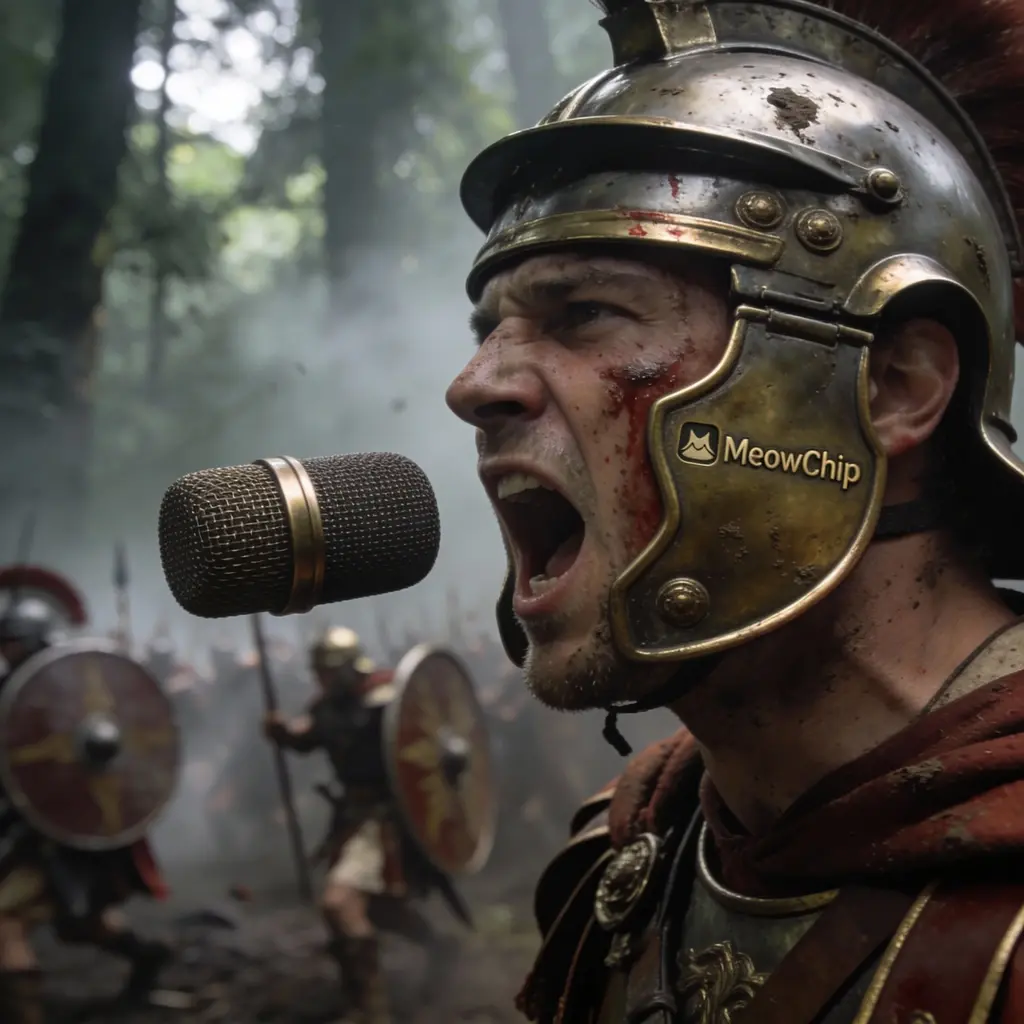 Centurion romain donnant des ordres dans un micro de casque antique, symbolisant le micro 48 kHz de qualité broadcast de l'Astro A50 X