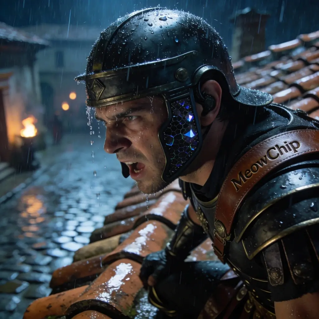 Éclaireur romain écoutant intensément sous la pluie, illustrant la clarté sonore des transducteurs en graphène de l'Astro A50 X.