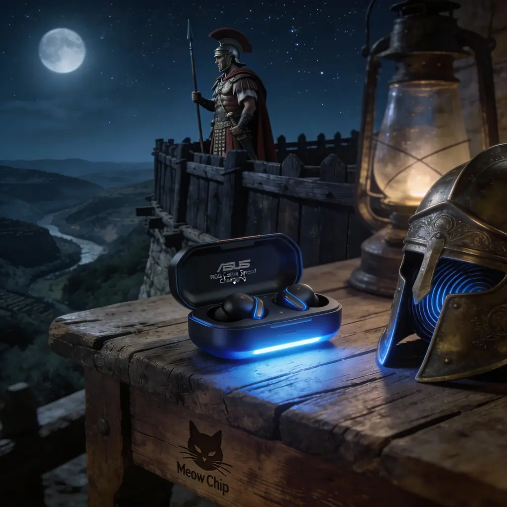 Asus cetra speednova anc - Boîtier de charge ASUS ROG Cetra SpeedNova sur une table de garde romaine, illustrant l'autonomie de 46 heures et la charge rapide.